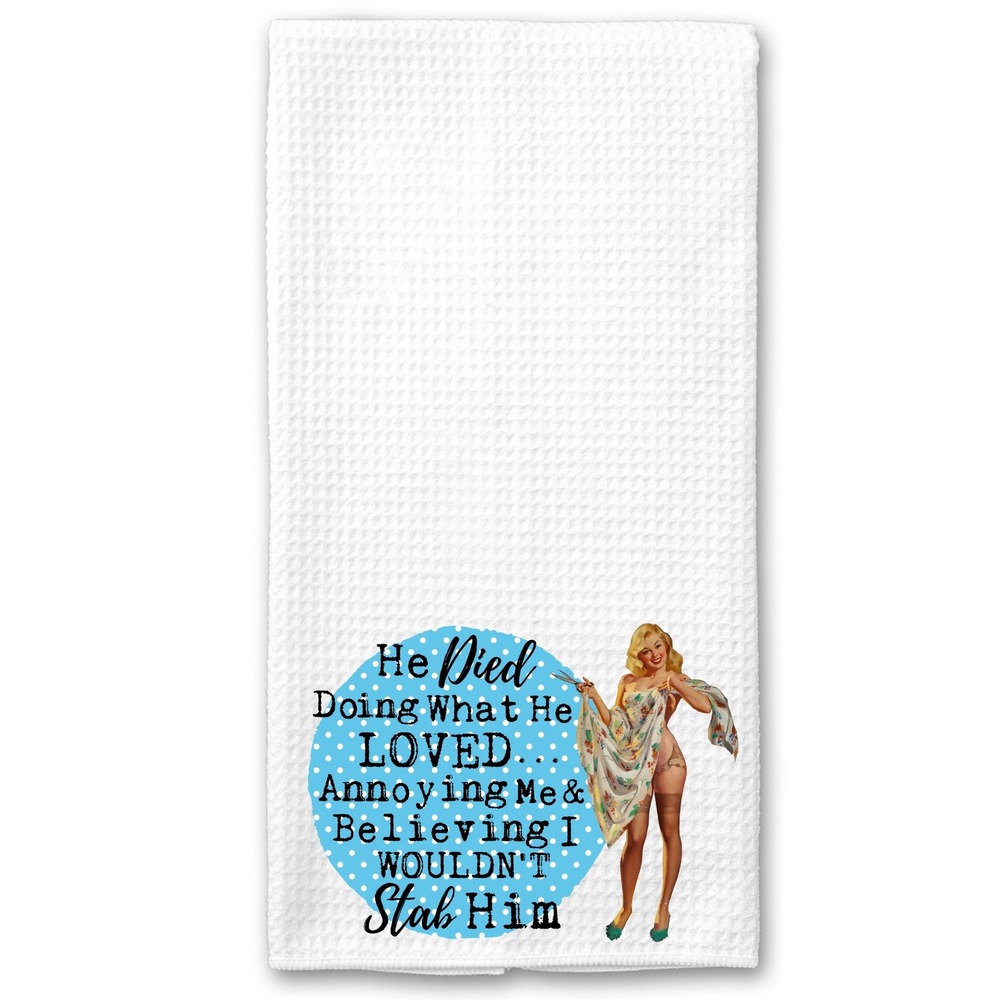 Funny Retro Pinup Waffle Weave Kitchen Towel White Blue Polka Dot Snarky Decor